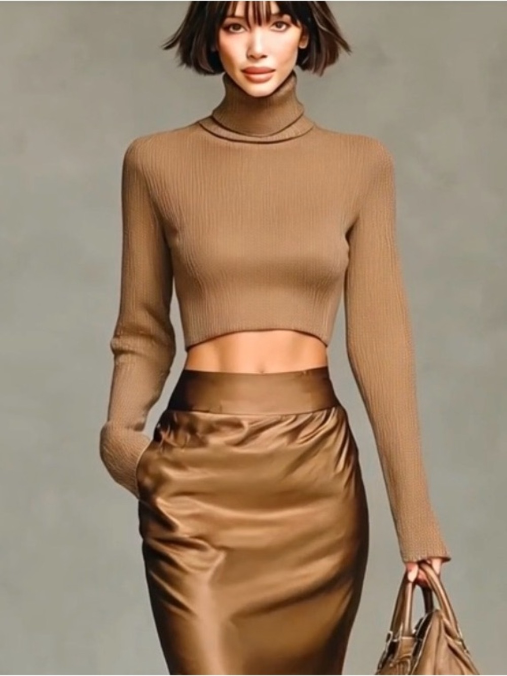 Cropped Ribbed Turtleneck Sweater and Satin Midi Skirt